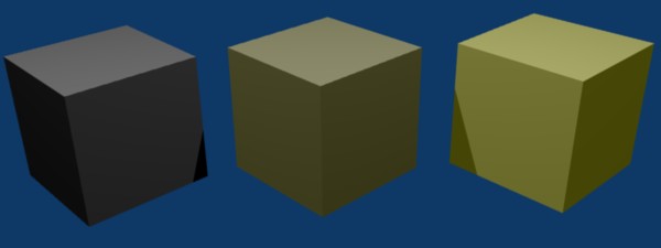 Ambient settings of 0.00, 0.25, and 0.50 receiving a yellow light with RGB values of (0.5,0.5,0.0)