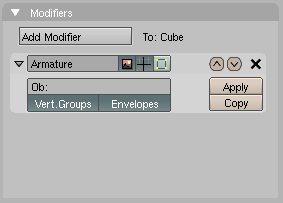 Modifier panel with Armature modifier activated.