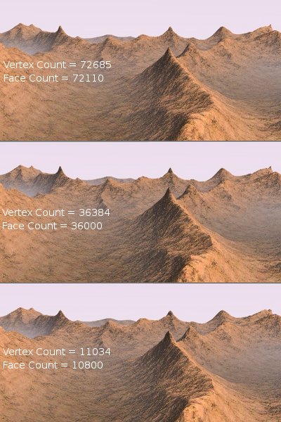 Decimated landscape, top: original; middle: lightly decimated; bottom: heavily decimated.