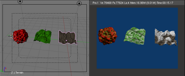 Three different objects created with the Displace modifier. Sample blend file 