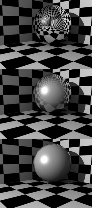 Demonstration of Fresnel effect with values equal to (from top to bottom) 0.0, 2.5 and 5.0