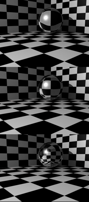 Influence of the IOR of an Object on the distortion of the background: spheres of Water, Glass and Diamond (top to bottom).
