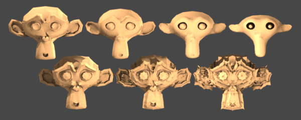 Smooth modifier examples. Option "repeat" is set as 5 for all models, but each one has a different "factor" value. From left to right: Top (smoothing): 1) normal Suzanne (same as factor: 0.0); 2) Factor: 0.5; 3) 1.0; 4) 2.0. Bottom (distortion): 1) Factor: -0.3; 2) -0.6; 3) -1.0. The three models at the bottom row were subdivided twice to look nicer.