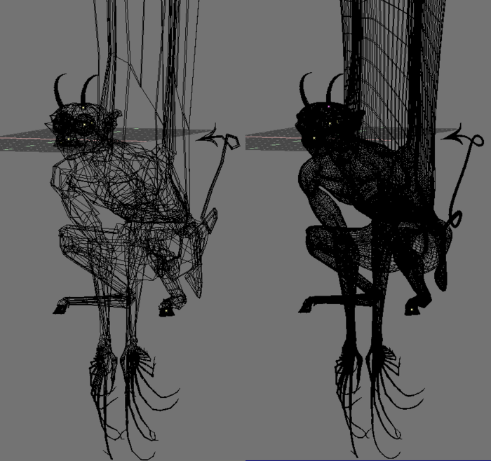 A Gargoyle base mesh (left) and pertinent level 2 SubSurfed Mesh (right).