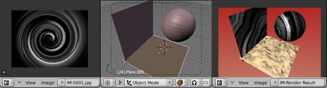 A swirl image is loaded in the UV/Image Editor and thus known to Blender. A simple scene, shown in the middle, has a wall and a sphere with the modifer set to project the swirl from the 35mm (perspective) camera onto those two objects. The two objects have the same material as the floor, but their colors are superceded by the modifier. As the sphere moves (not shown), the part of the image that it takes moves correspondingly. Kinda spooky, if you ask me.