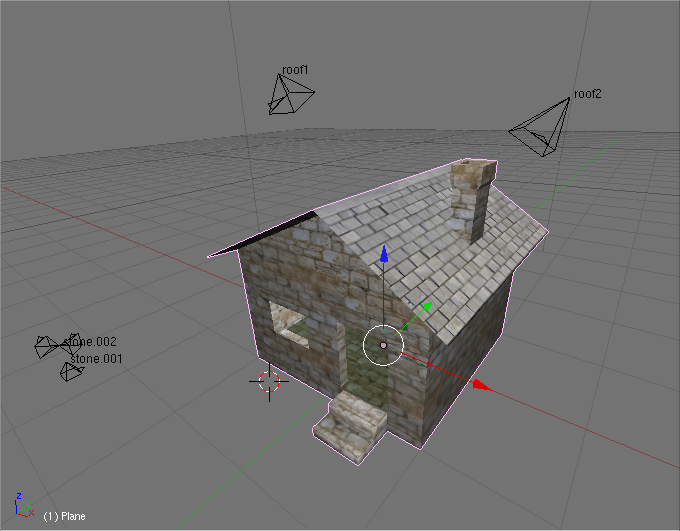 A house textured with the UVProject modifier. The cameras scattered around the scene are the projection objects. UVProject greatly simplifies this kind of texturing. Sample blend file