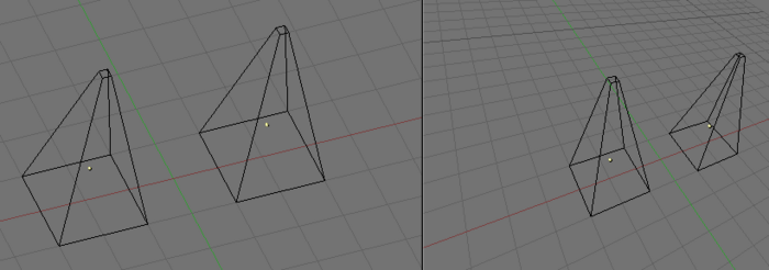 Orthographic (left) and perspective (right) projection.